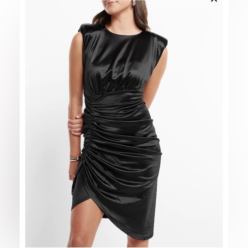 Satin Padded Shoulder Ruched Asymmetrical Mini Dress